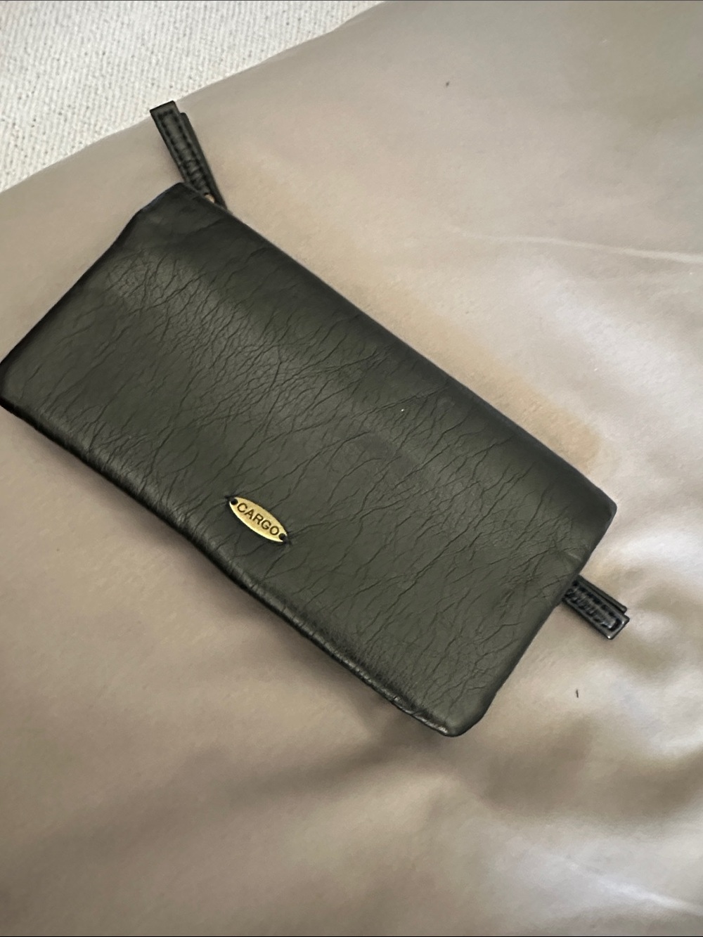 Cargo Black Leather Wristlet Clutch with Gold Logo